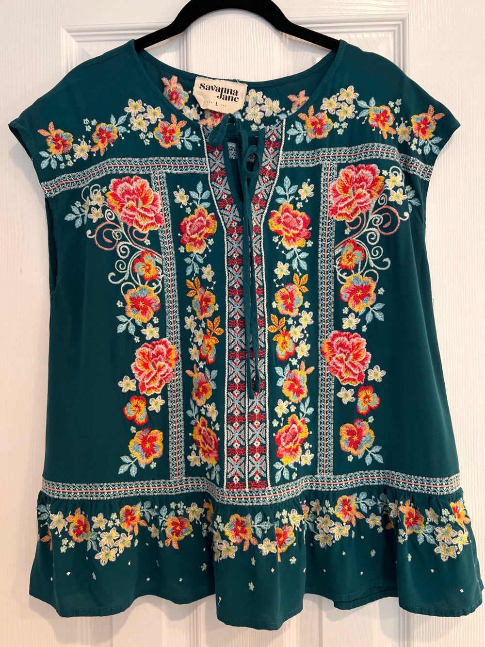 Savanna Jane Embroidered Teal Floral Roses Tie-Front Blouse Peplum Top Boho L